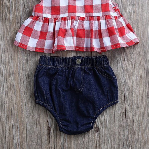 Summer Red Plaid Denim Set