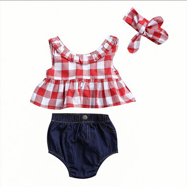 Summer Red Plaid Denim Set