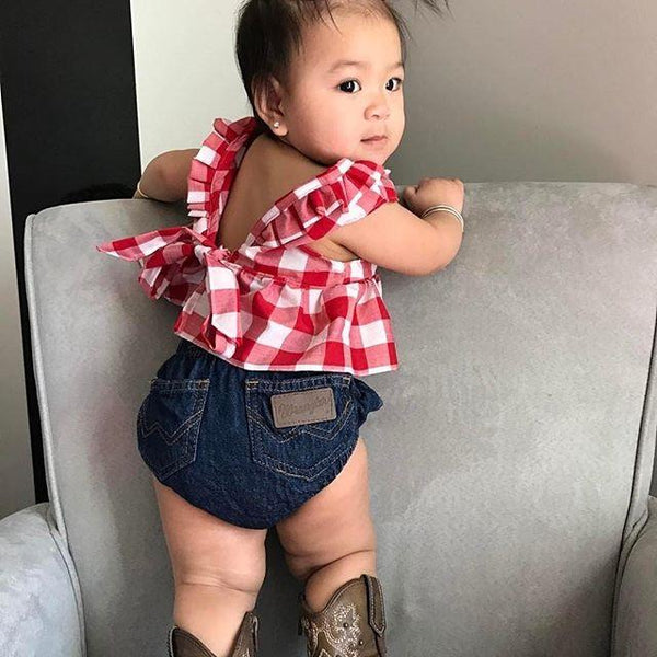 Summer Red Plaid Denim Set