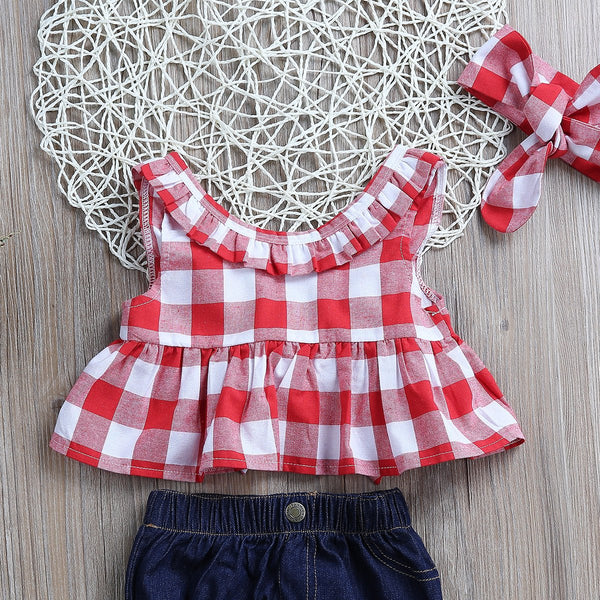 Summer Red Plaid Denim Set