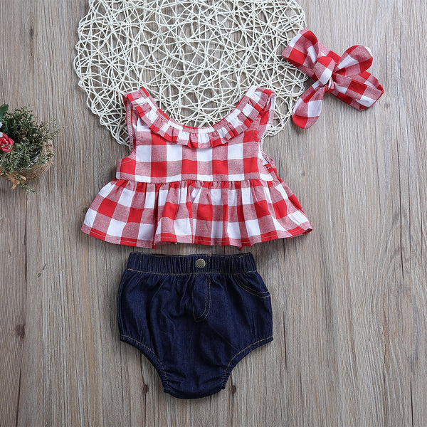 Summer Red Plaid Denim Set