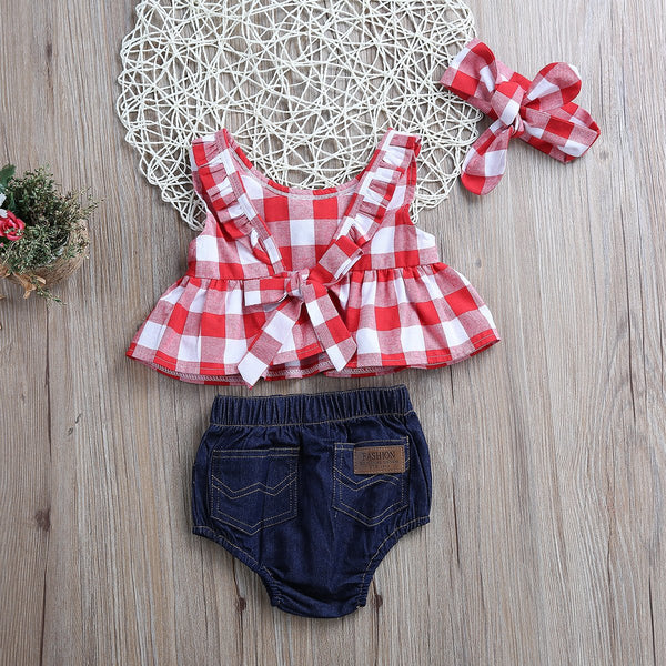 Summer Red Plaid Denim Set