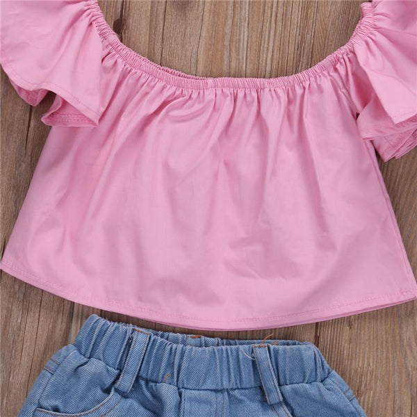 Off Shoulder Tops Denim Ripped Jeans Set