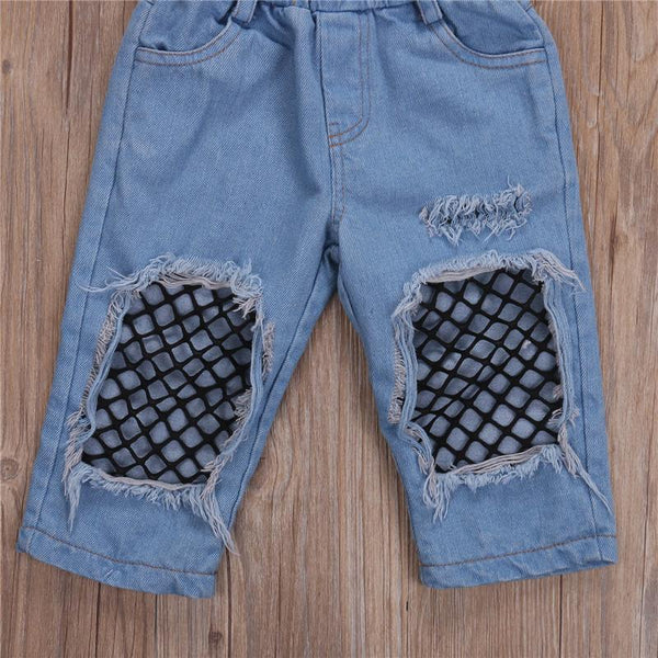 Off Shoulder Tops Denim Ripped Jeans Set